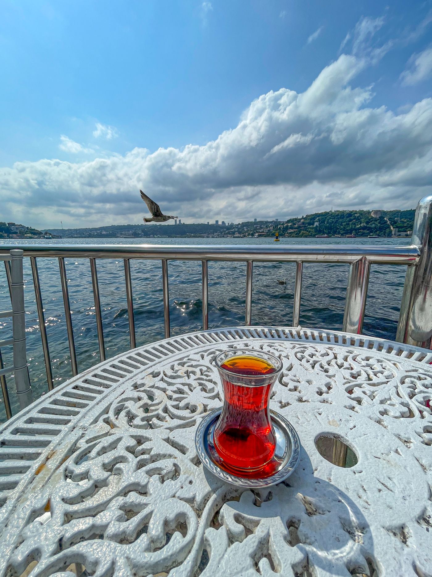 A glass of Turkish tea in a tulip-shaped glass on an ornate seaside table, with the open sea and a gull behind