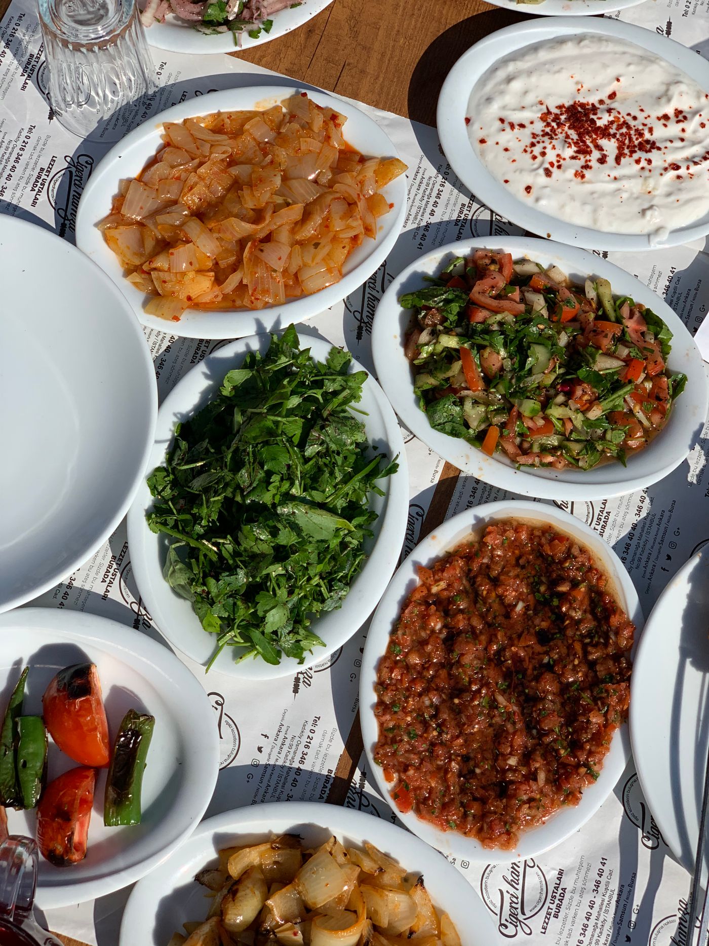 A spread of Turkish meze dishes on a meyhane table
